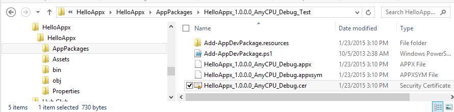Certificate file in the application package folder