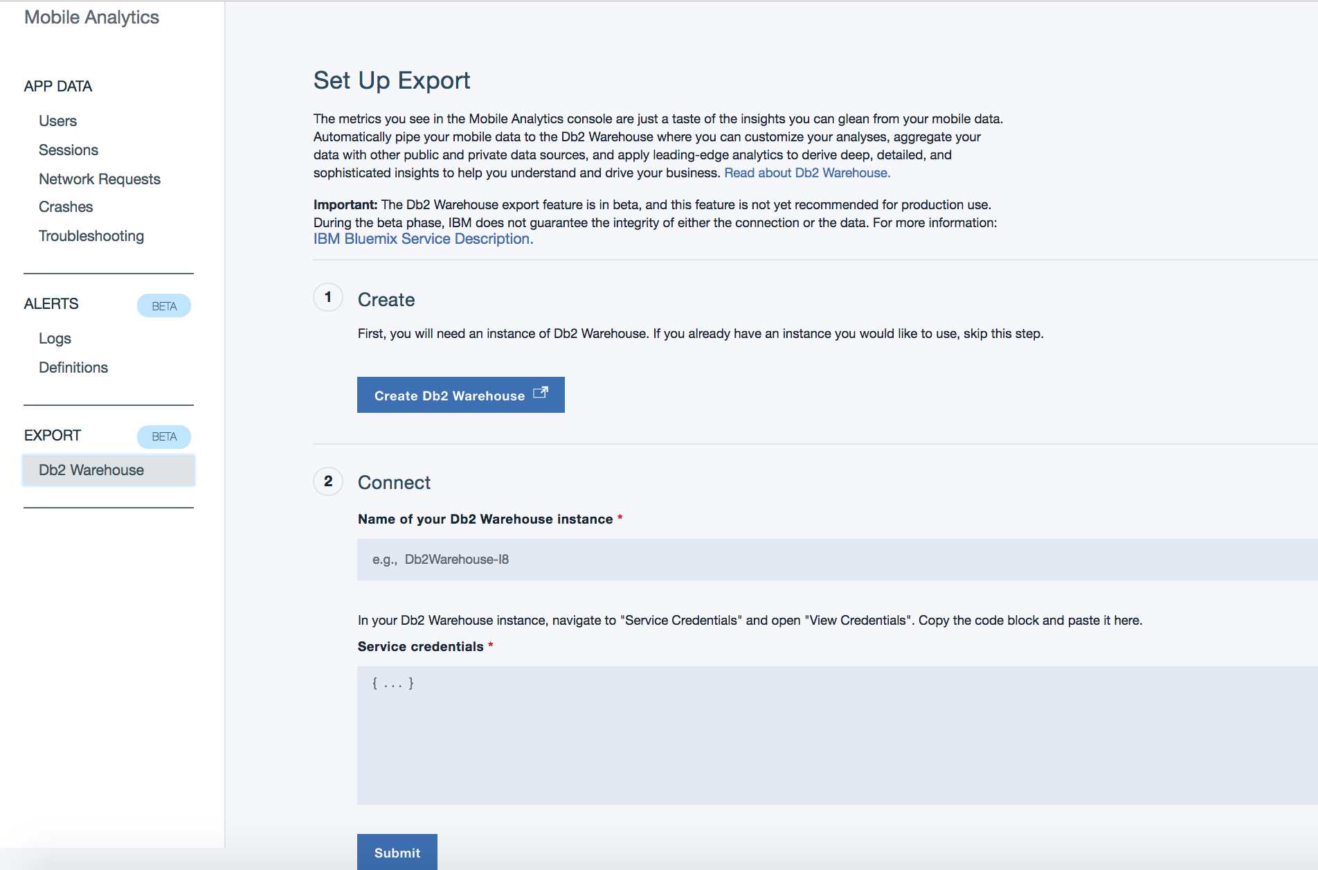 Db2 Warehouse Export page