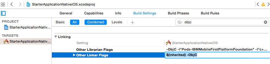 $(inherited) zum Flag ObjC in den Xcode-Buildeinstellungen hinzufügen
