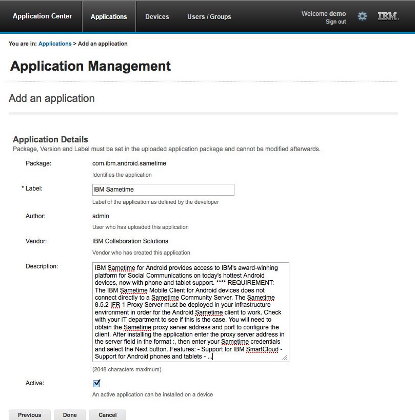 Modified application description in application properties