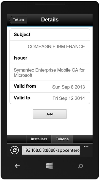 Application Enrollment Token details on a Windows Phone device