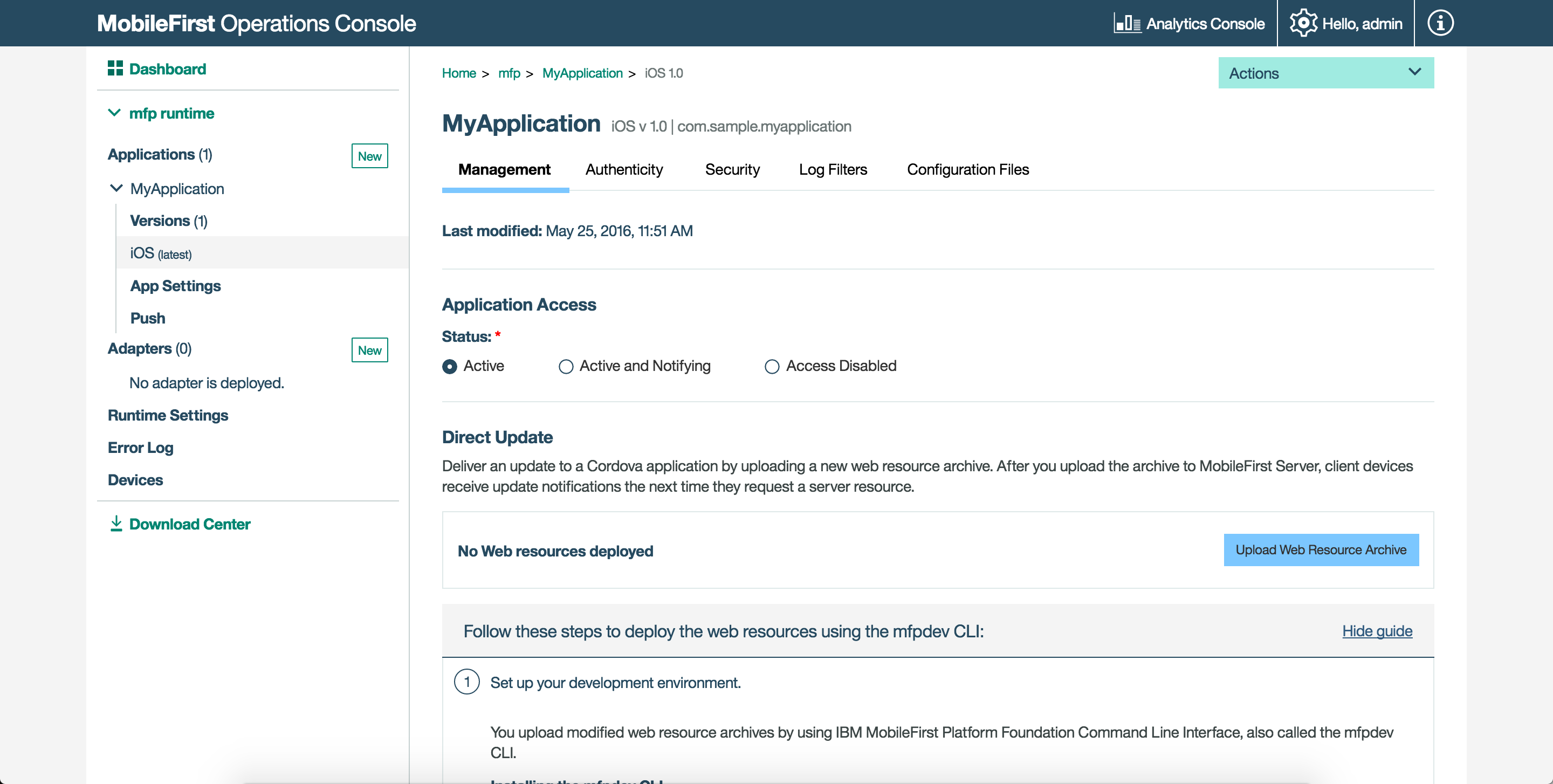 Image of application management screen
