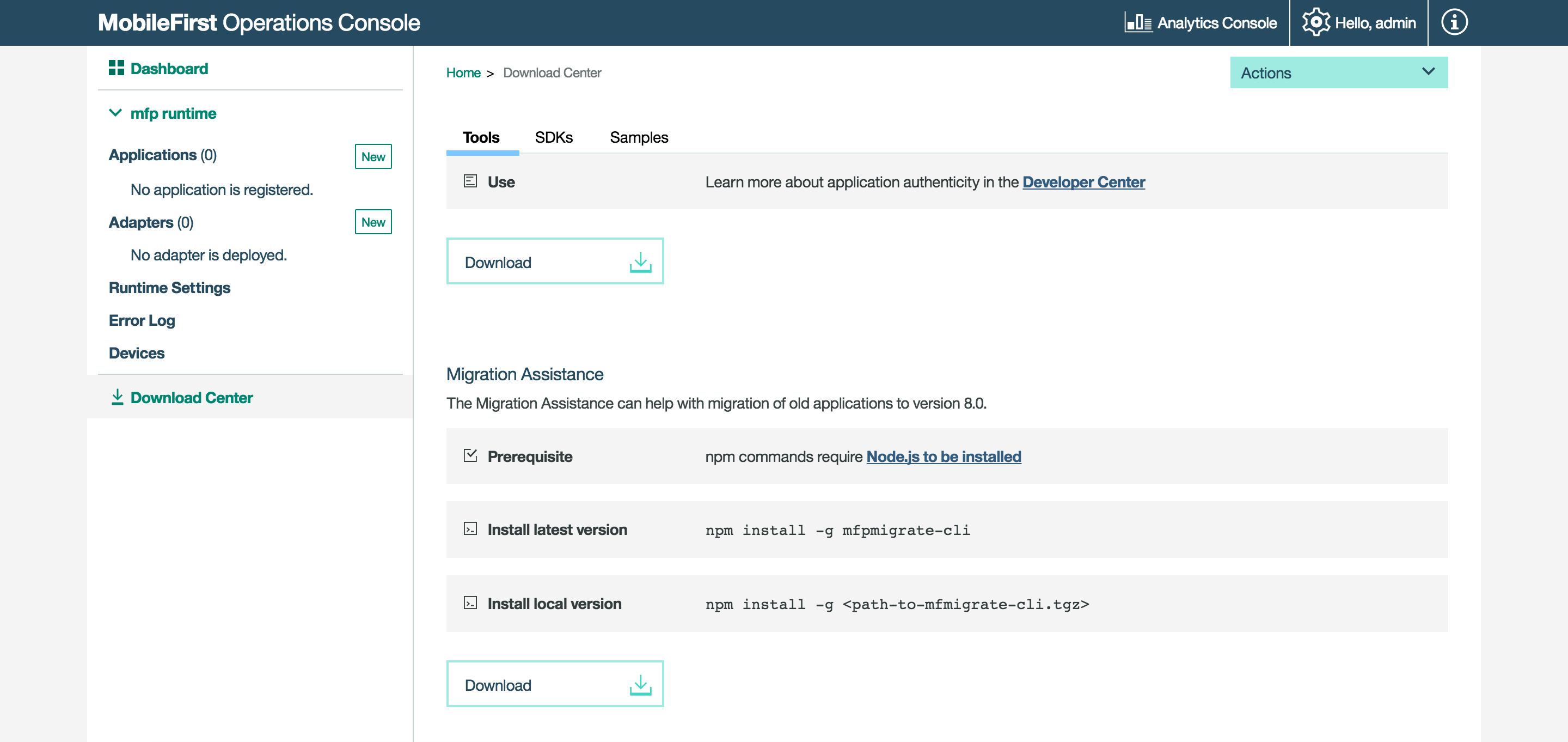 Download the migration tool from the MobileFirst Operations Console
