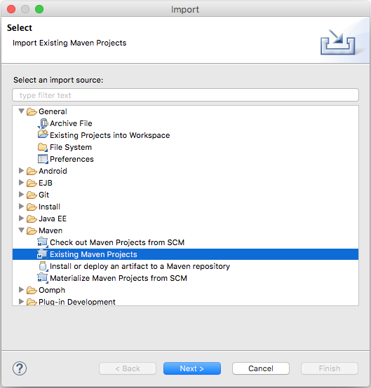 Image showing how to import an adapter Maven project to Eclipse