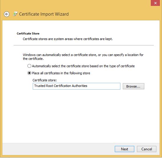 Placing the certificate in "Trusted Root Certificate Authorities"