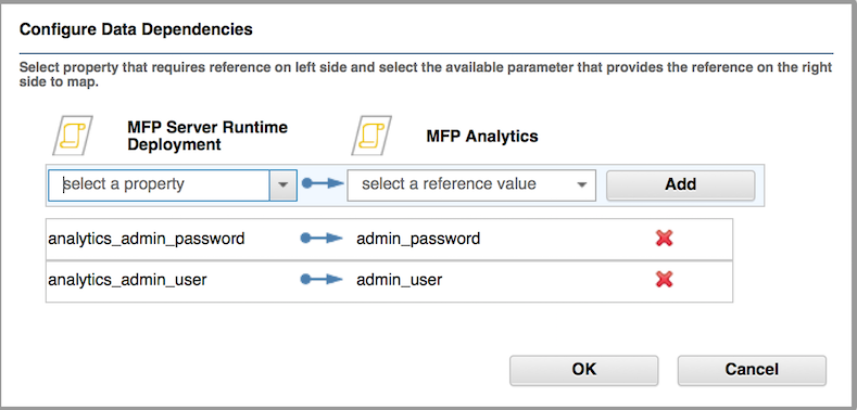 MFP Server Runtime Deployment 컴포넌트에서 MFP Analytics 컴포넌트로의 링크 추가
