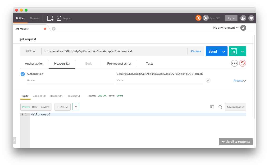 Adapter request using Postman with the test token